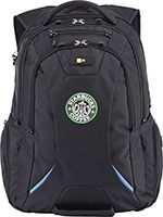A black Case Logic backpack with a green starbucks logo.