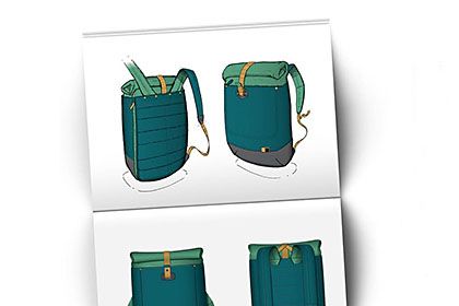 A sketch of different angles of a green Case Logic backpack on a white notebook.
