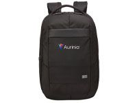 A black Case Logic backpack with the Aurinia logo heat transferred on.