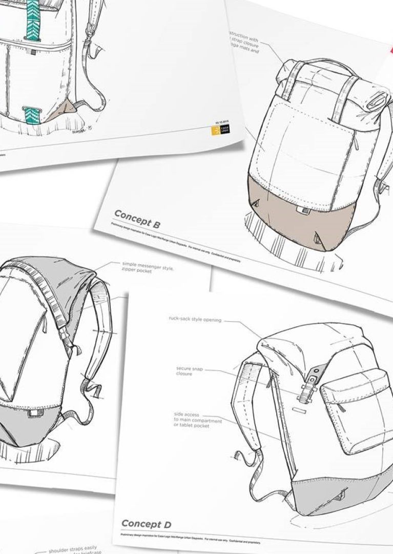 Sketches on paper of Case Logic bags with arrows and notes.