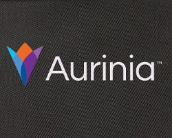 A closeup of the heat transferred Aurinia logo onto black material. 