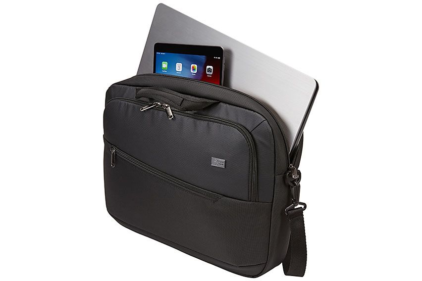 A Case Logic laptop briefcase with a white background, and the compartment open to show a tablet and laptop.